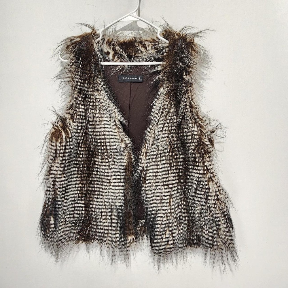 Zara Woman Size L Faux Fur Vest Brown Black White Boho Shaggy Lined